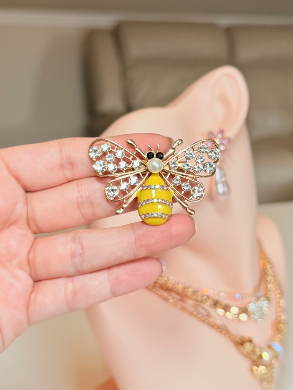 Gold-Tone Yellow Bee Brooch Pin with Crystal Wings